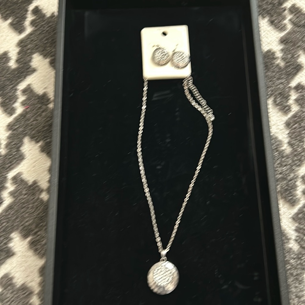 Necklace Earring Rhinestone Set Hammered Silver Circles Glam Lead Free Adj